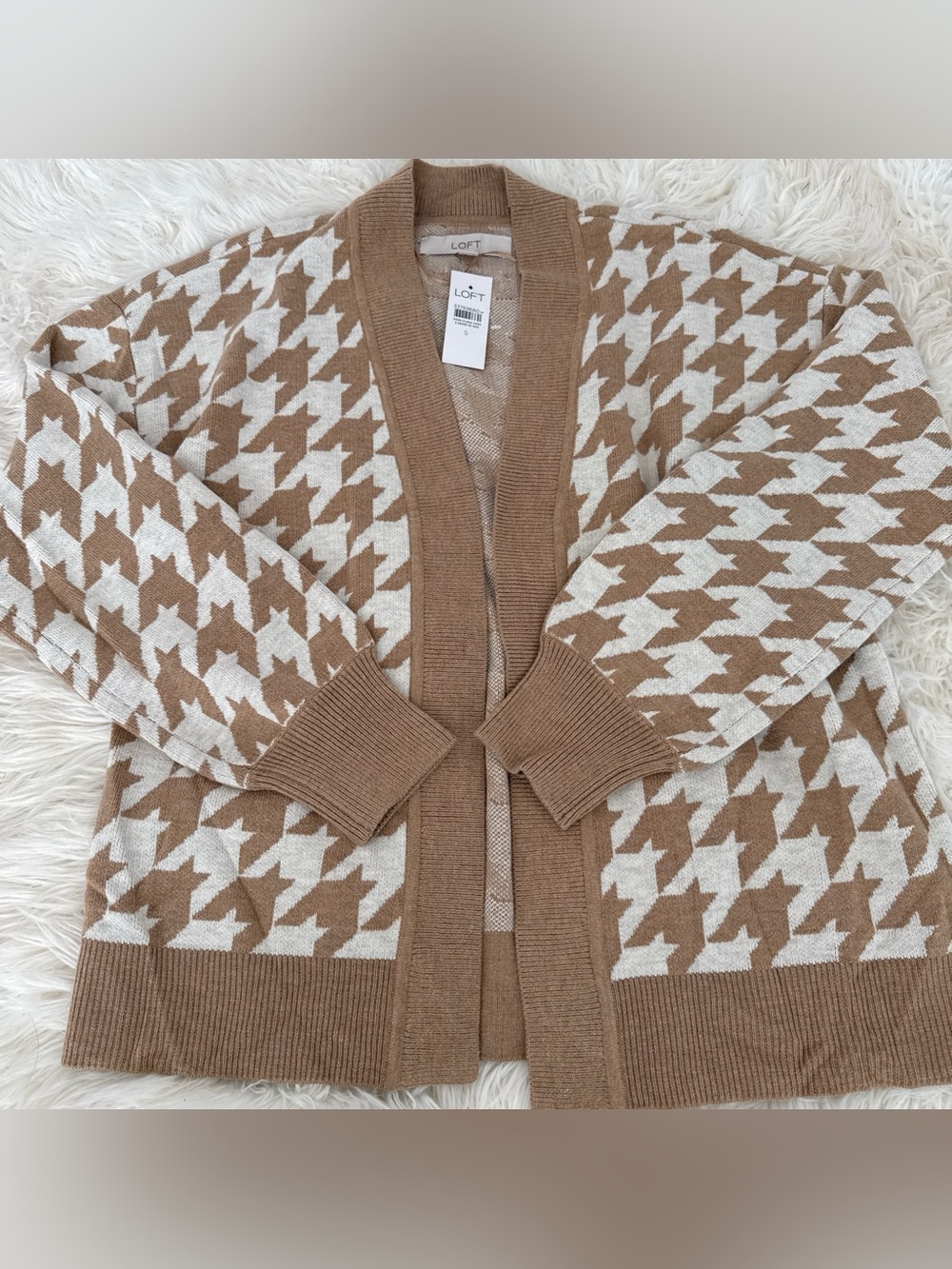 LOFT Tan & Cream Houndstooth Open-Front Cardigan